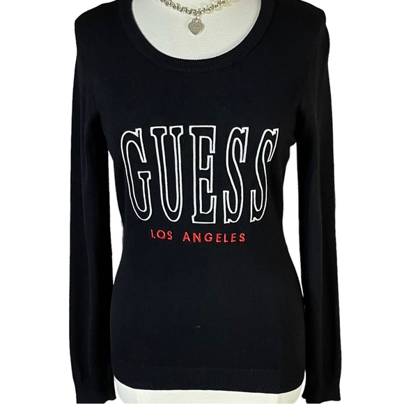 Guess Sweaters Guess Solid Black With White And Red Logo Crew Neck